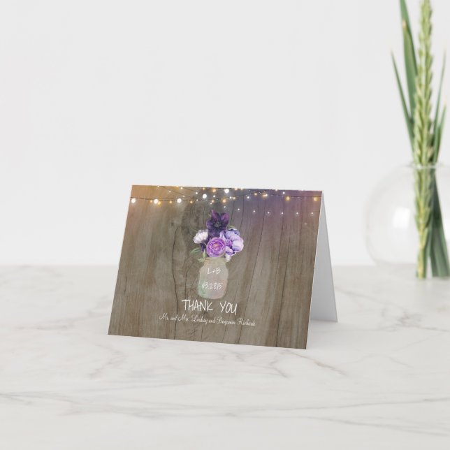 Lila Floral Mason Jar Rustic Wedding Vielen Dank Dankeskarte (Vorderseite)