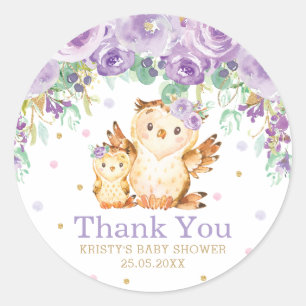 Lila Floral Owl Babydusche Vielen Dank Runder Aufkleber