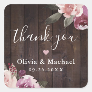 Lila floral rustikale Holz Dankeschön Hochzeit Quadratischer Aufkleber