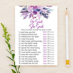Lila Floral sagte er, sie sagte Brautparty Game Briefpapier