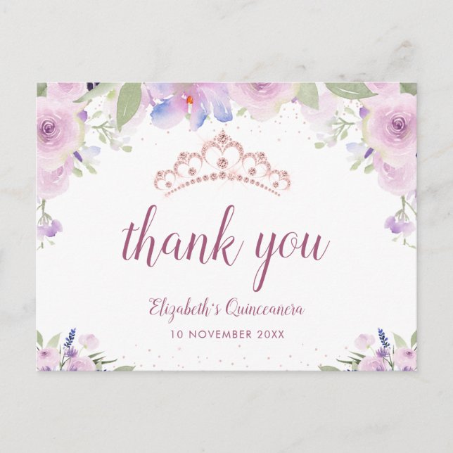 lila floral tiara quinceanera danke Karte (Vorderseite)