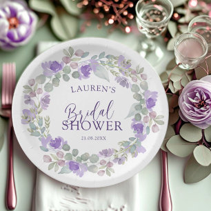 Lila Floral Wasserfarbe Kranz Brautparty Pappteller