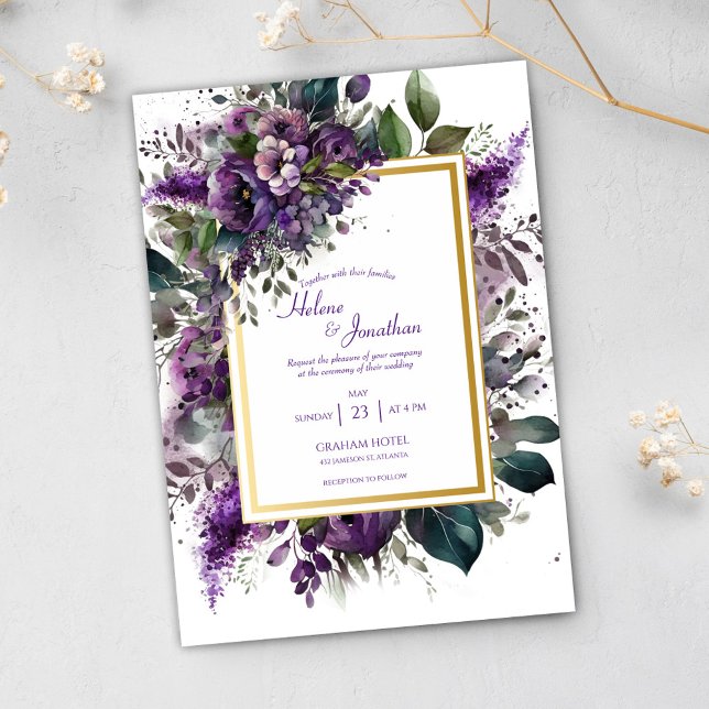 Lila Floral Watercolor Einladung (Purple Floral Watercolor Elegant Boho Wedding Invitation)