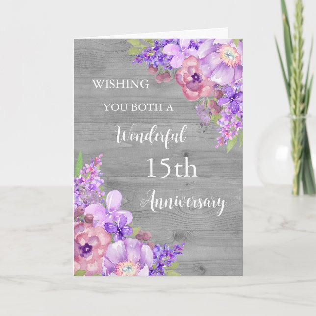 Lila florale 15. Hochzeitskarte Karte (Vorderseite)