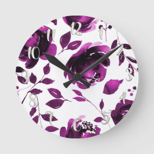 Lila Florale Aquarellblumen Elegant Chic Runde Wanduhr
