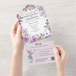 lila florale Aquarellfarben qr Hochzeitscodierung All In One Einladung