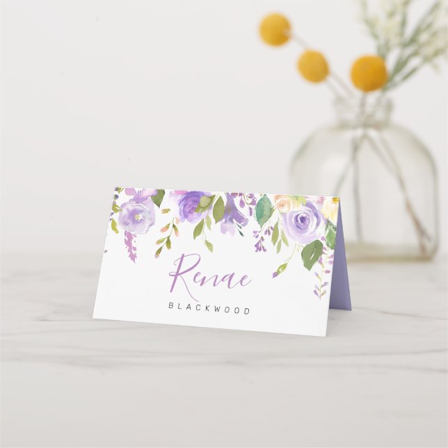 Lila florale Begleitkarte, Lila Platzkarte (Vorderseite)