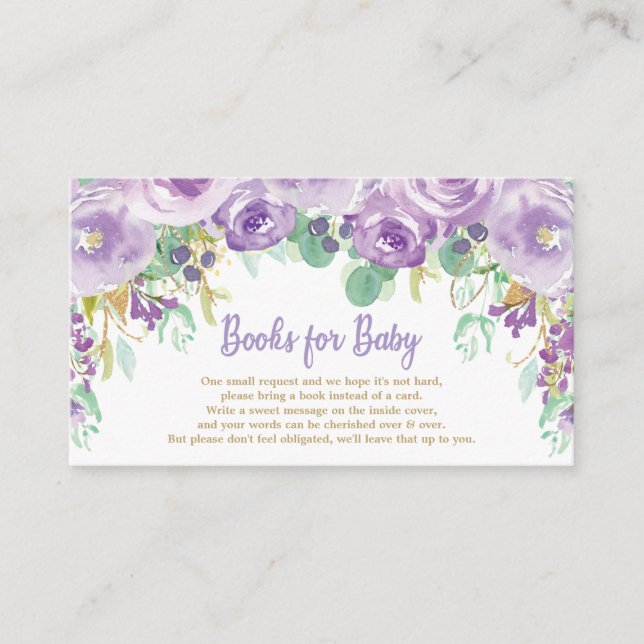 Lila florale Blume Babydusche bringen ein Buch Begleitkarte (Vorderseite)