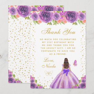 Lila Florale Dunkelhaarige Haar Prinzessin Geburts Dankeskarte