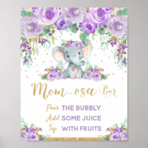 Lila florale Elephant Baby Dusche Momosa Bar Zeich