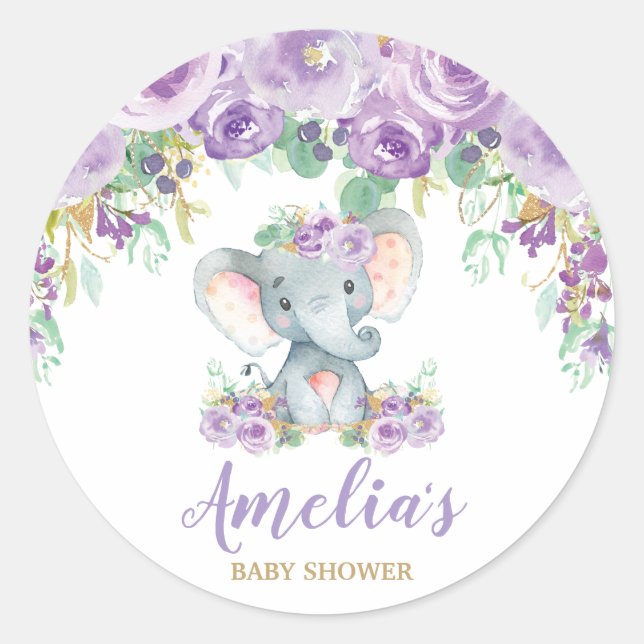 Lila florale Elephant Baby Duwer Girl Gefallen Runder Aufkleber (Vorderseite)