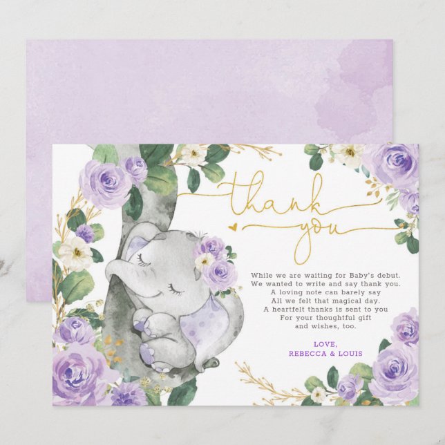Lila florale Elephant Babydusche Danke Karte (Vorne/Hinten)
