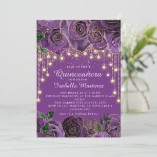 Lila florale Gold String Light Stars Quinceañera Einladung