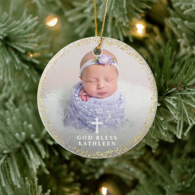 Lila florale Gold Taufe Custom Foto Religious Keramik Ornament (Baum)