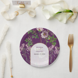 Lila Florale Grün Goldene Bogen Hochzeit   Pappteller