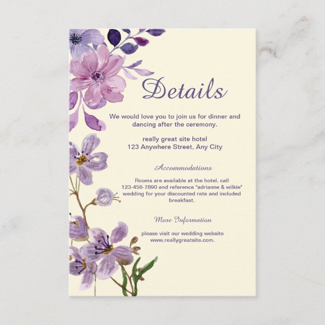 Lila florale Hochzeitskarte Begleitkarte (Vorderseite)