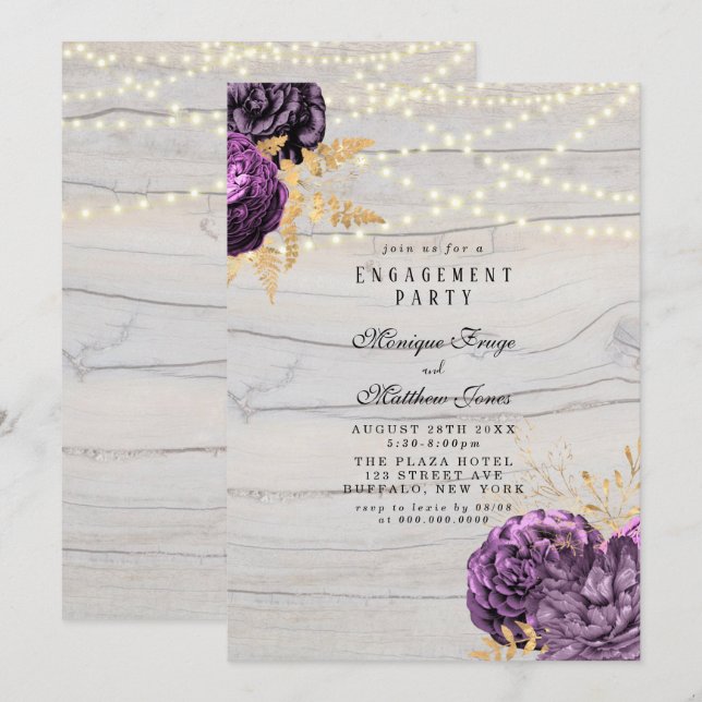 Lila florale Holzofenleuchten-Engagement-Partei Einladung (Vorne/Hinten)