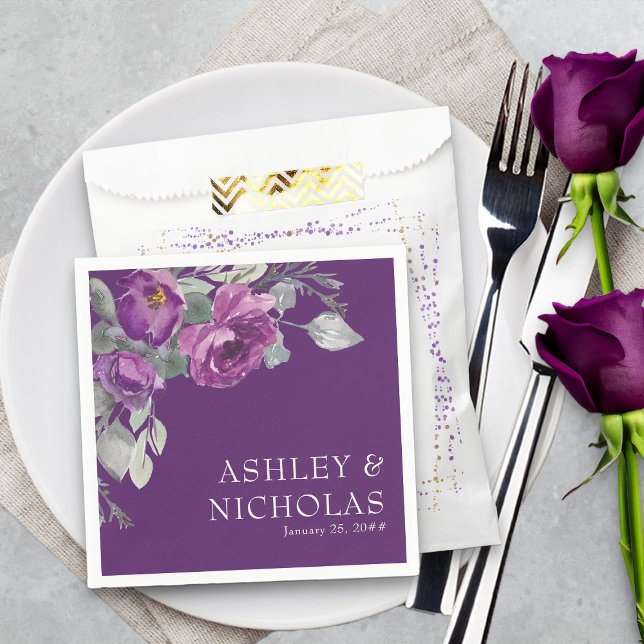 Lila florale Moderne botanische Hochzeit Napkins Serviette (Bold purple floral cocktail napkins from my Plush Purple Wedding Collection )
