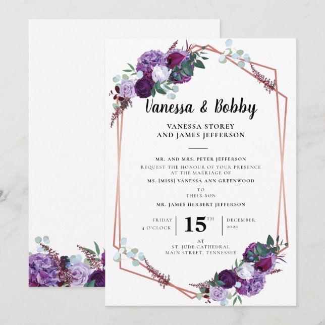 Lila florale Moderne Geometrische Hochzeitseinladu Einladung (Vorne/Hinten)