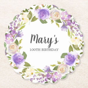 Lila florale Monogramm 100. Geburtstag Untersetzer