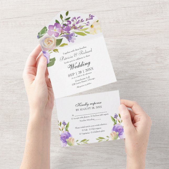 Lila florale Monogramm Elegante Hochzeit All In One Einladung (Abreißen)