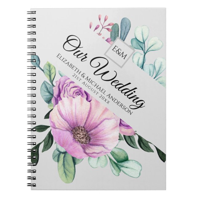 Lila florale Monogramm-WEDD-Notes neu Notizblock (Vorderseite)