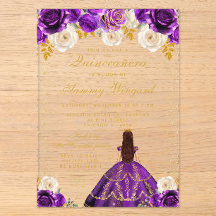 Lila Florale Prinzessin Quinceañera Acryleinladungen