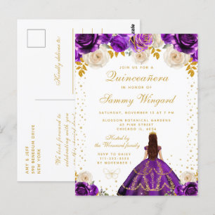 Lila Florale Prinzessin Quinceañera Postkarte