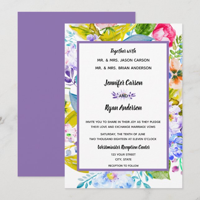 Lila florale romantische Hochzeitseinladung Einladung (Vorne/Hinten)