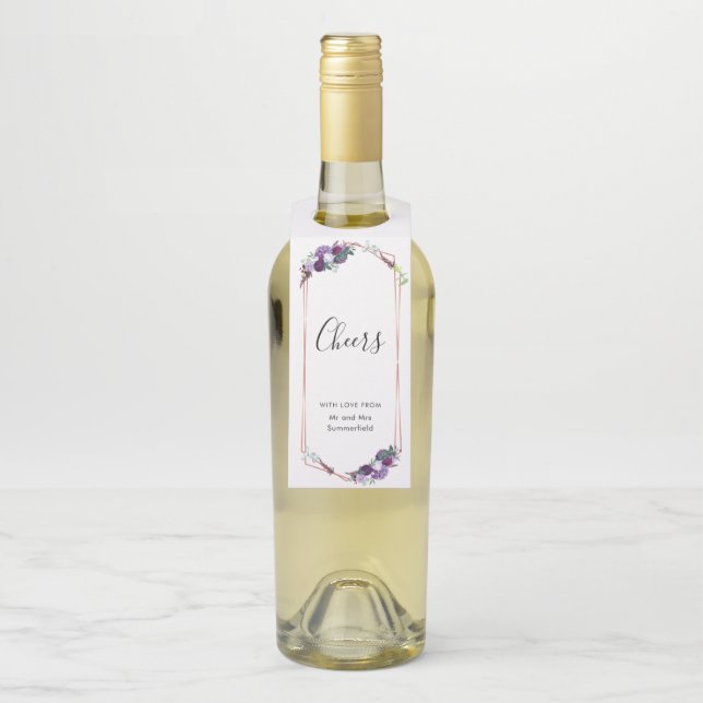 Lila florale Rose Gold Botanische Hochzeit Flaschenanhänger (Auf Flasche)