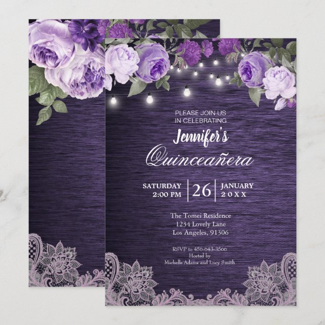 Lila florale Rustikale Quinceanera Einladung (Vorne/Hinten)