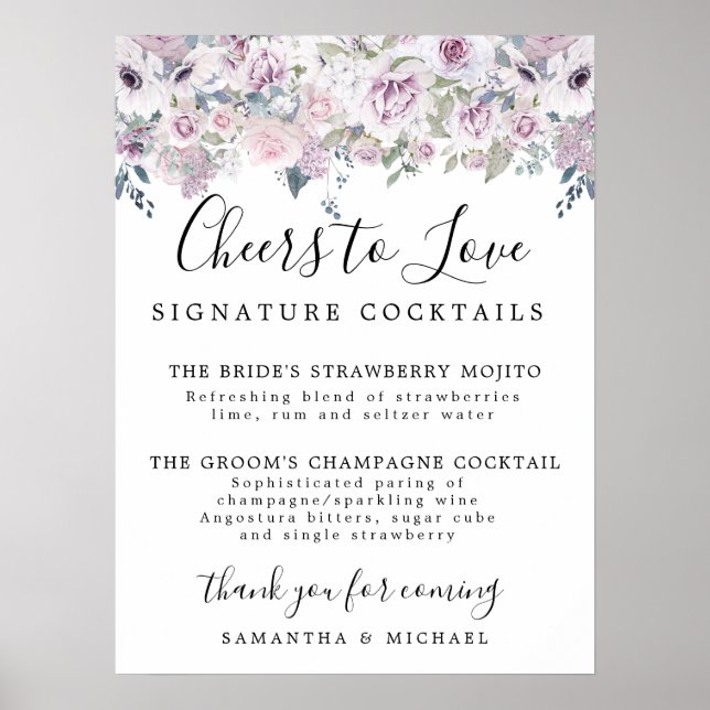 Lila florale Signature Cocktails Hochzeitszeichen  Poster (Vorne)