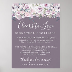 Lila florale Signature Cocktails Hochzeitszeichen Poster