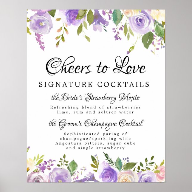 Lila florale Signature Cocktails Hochzeitszeichen  Poster (Vorne)