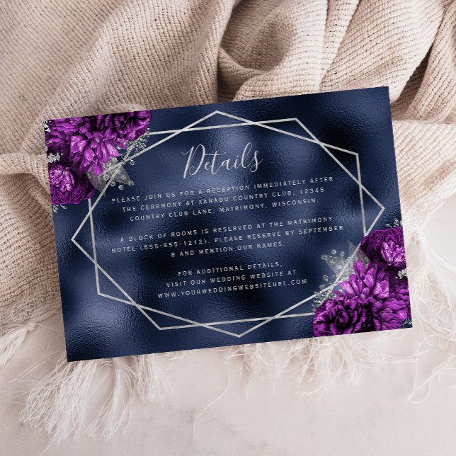 Lila florale Silver Navy Blue Hochzeitdetails Begleitkarte (Von Creator hochgeladen)