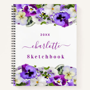 Lila florale Skizzen, weißes Monogramm Notizbuch