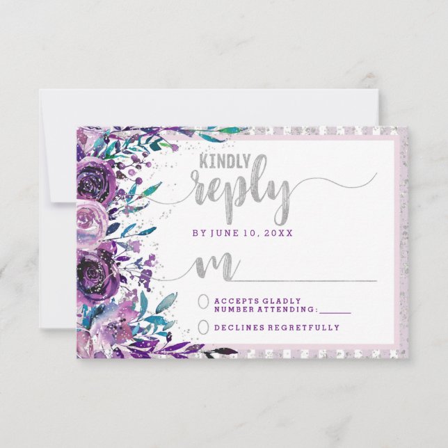 Lila florale und silberne Hochzeitsreaktion UAWG RSVP Karte (Vorderseite)