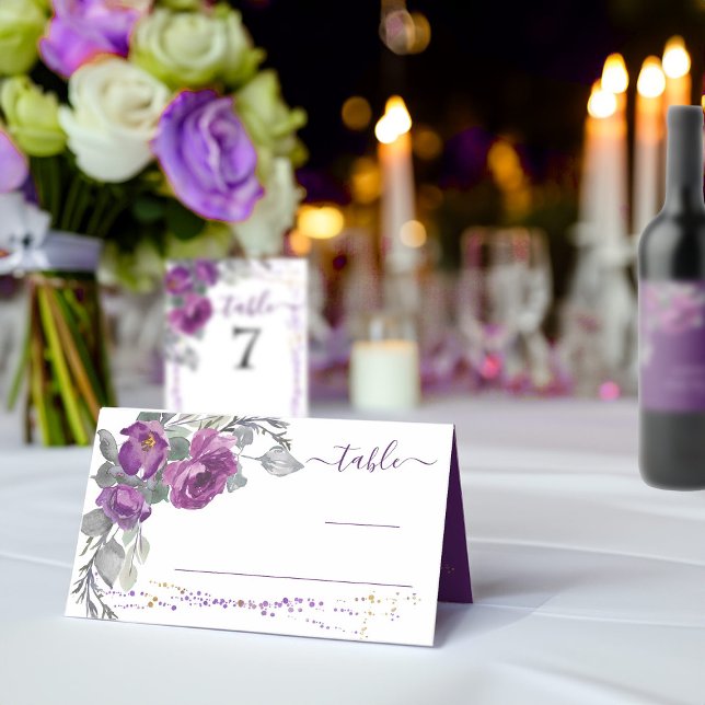 Lila florale und Skriptfalte Platzkarte (Purple floral wedding table card from my Plush Purple Wedding Collection )