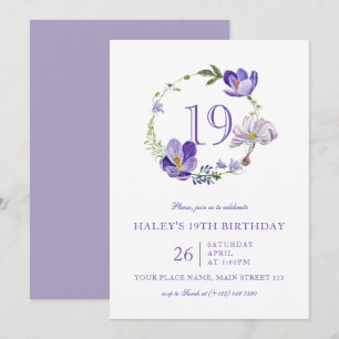 Lila florale Wildblume Vintag 19. Geburtstag Einladung