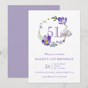 Lila florale Wildblume Vintag 51. Geburtstag Einladung