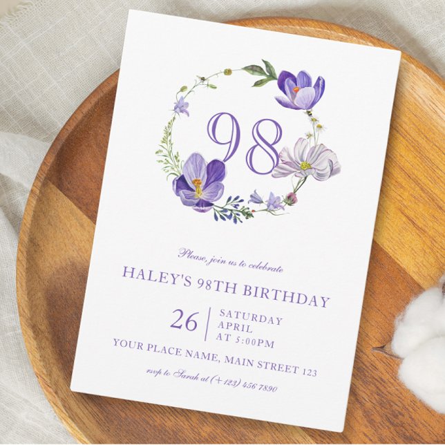 Lila florale Wildblume Vintag 98. Geburtstag Einladung (Von Creator hochgeladen)