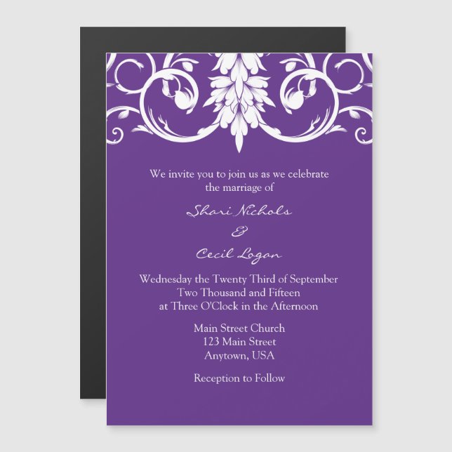 Lila florale Wirbel Magnetische Hochzeiten Einladu Magneteinladung (Vorne/Hinten)