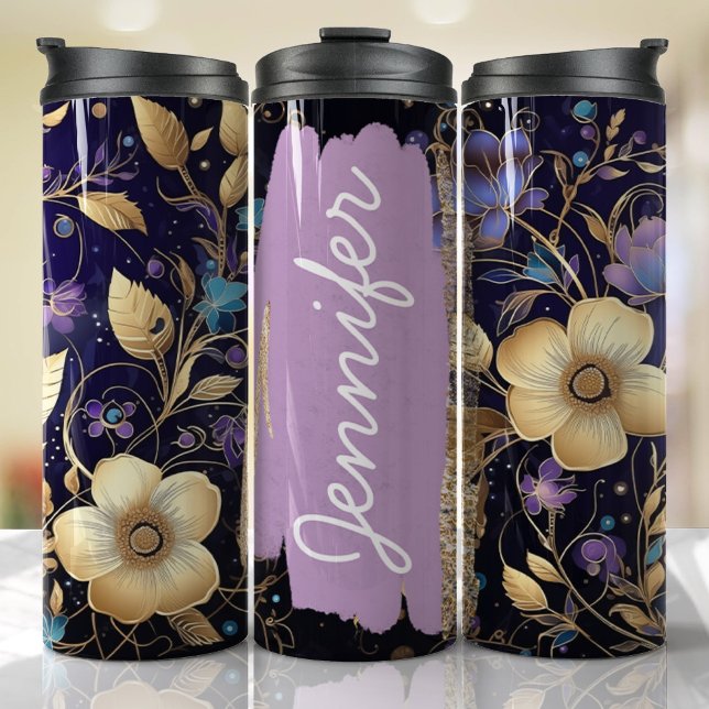 Lila floraler Add Name Benutzerdefiniertes Geschen Thermosbecher (Floral Personalized Tumbler)