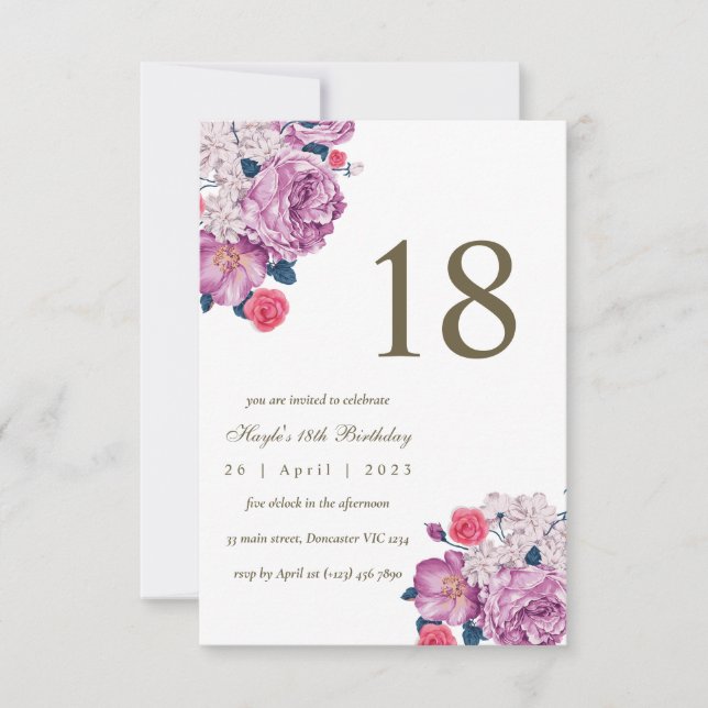Lila floraler Botanischer einfacher Chic am 18. Ge Einladung (Vorderseite)