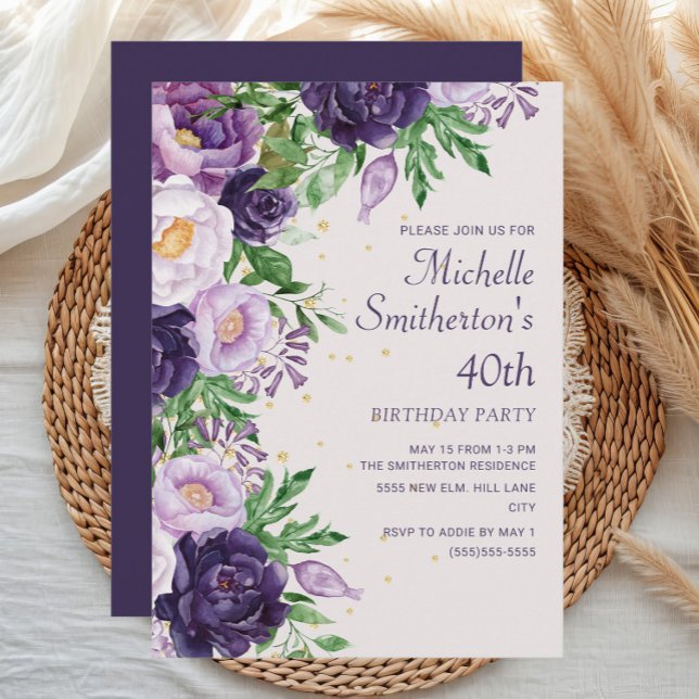 Lila floraler Glitzer 40. Geburtstag Einladung (Purple watercolor floral women's 40th birthday party invitation)