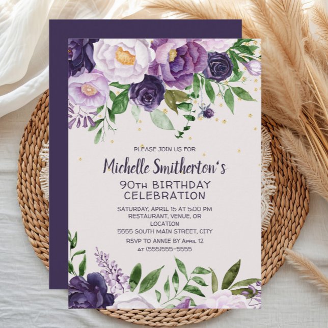 Lila floraler Glitzer 90. Geburtstag Einladung (Purple watercolor floral women's 90th birthday party invitation)