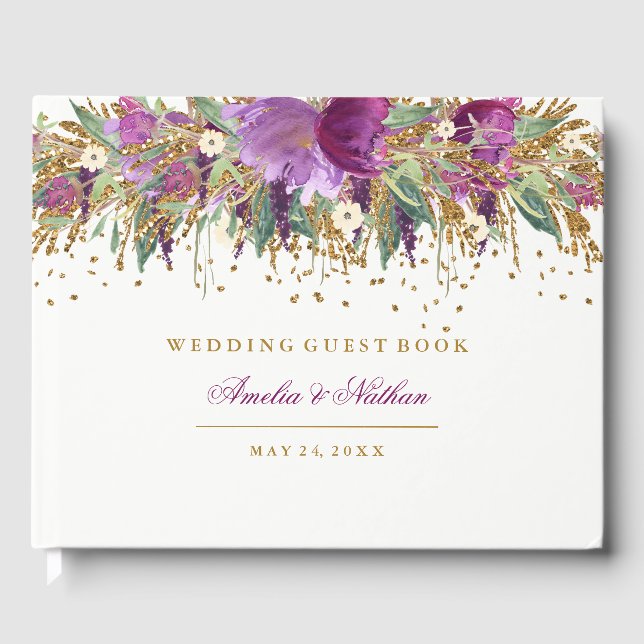 Lila floraler Glitzer Amethyst Wedding Gästebuch (Vorderseite)