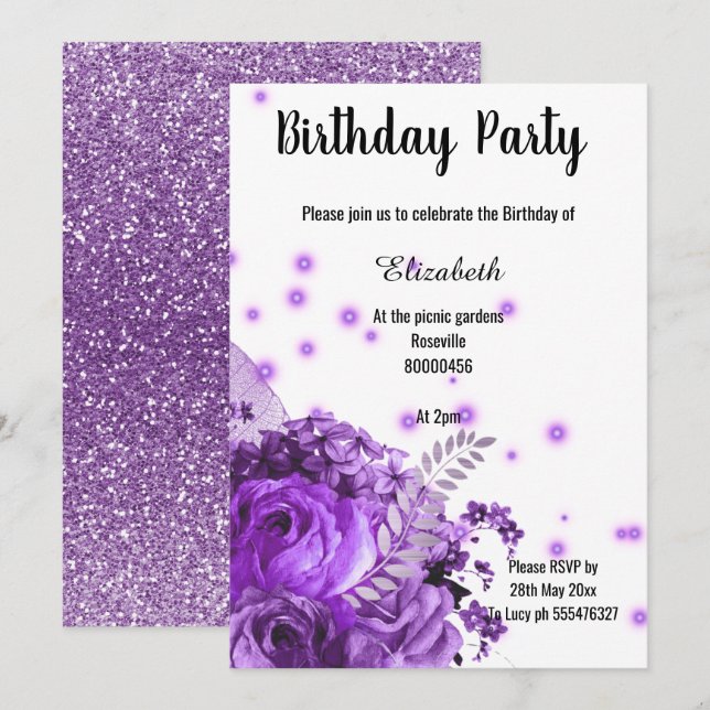 LILA FLORALER GLITZER GEBURTSTAG EINLADUNG (Vorne/Hinten)