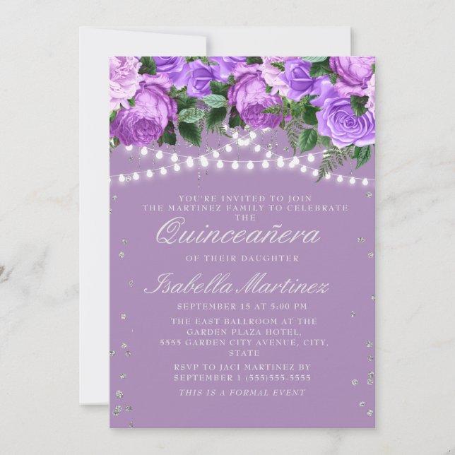 Lila floraler Silber Glitzer Quinceañera Einladung (Vorderseite)