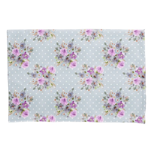 Lila floraler Wasserfarben Weißer Polka Dot Kissenbezug (Vorderseite-Links)